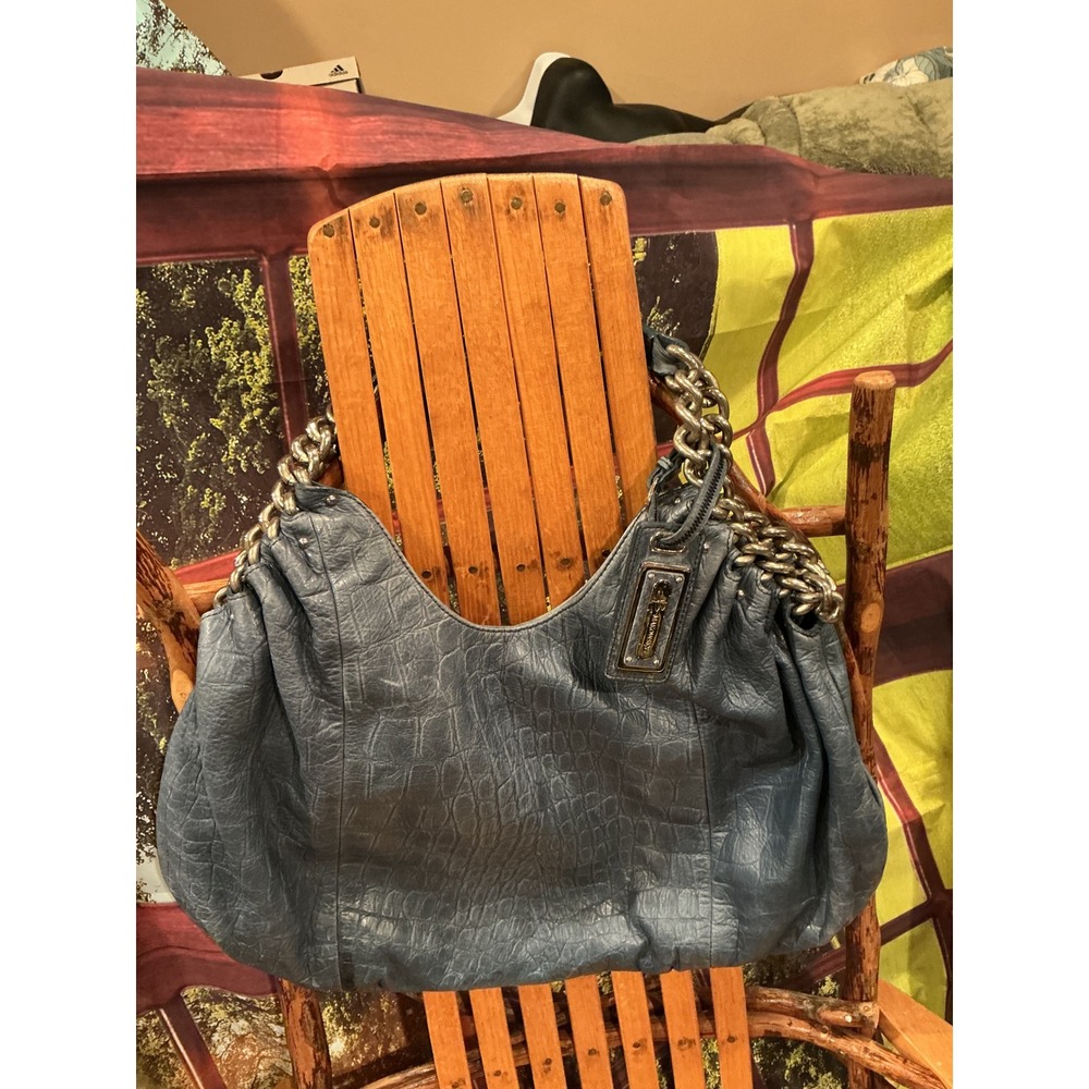 B. Makowsky Slate Blue Croc Embossed Leather Hobo Bag with Chain Strap Hardware